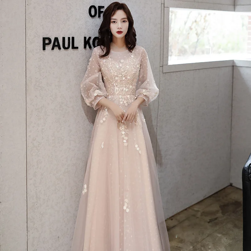 

Women's Formal Evening Dresses Puff Sleeve Sequined Elegant Celebrity Dresses Floor-Length Appliques Graceful Birthday Dress