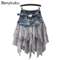 Jupe en Jean Denim Punk pour Femme, Maille, Patchwork, Dentelle, Taille Haute, Ligne A Asymétrique, Volants, Tulle Plissé, Midi, Y2K, Gothique Chic