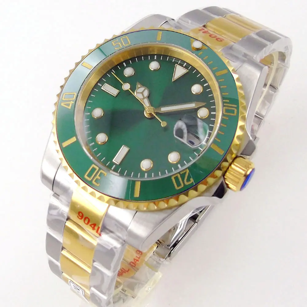 

Gold Plated Sapphire Mechanical Automatic Mens Watch Green Dial NH35/Miyota 8215/PT5000 Date Cyclops 316L Strap Bliger 40mm