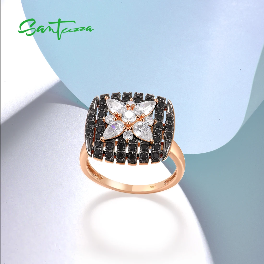 Santuzza autêntico 925 anéis de prata esterlina para mulher cintilante preto spinel branco cz estrela anel exclusivo elegante jóias finas