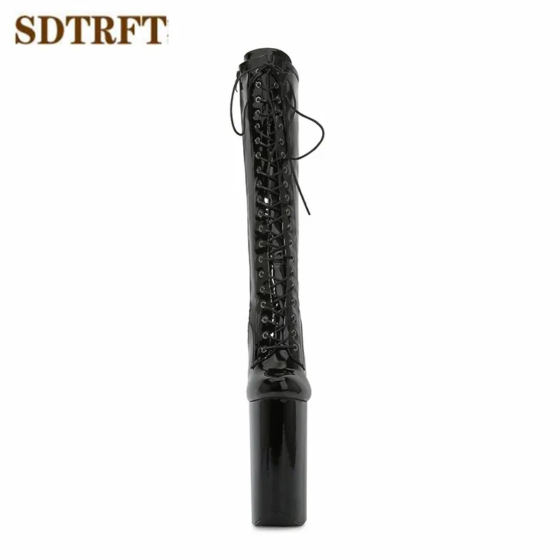 SDTRFT 26CM Super Thin Heel Nightclub Knee-High Long Boots Women Lace-up Zip Design Round Toe Pumps  Waterproof Platform Shoes