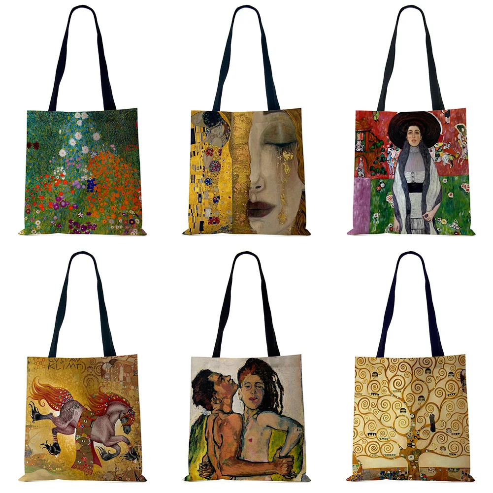 Customized Oil Painting Tears Linen Cloth Tote Bags For Women Gustav Klimt Ladise Fashion Handbag Large Capacity Shopping Totes