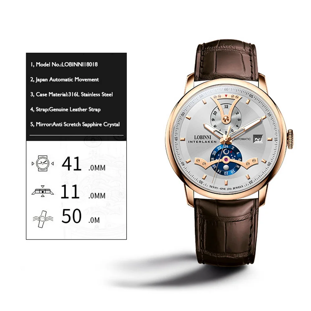 LOBINNI orologi di lusso da uomo, orologio automatico da uomo orologi da polso meccanici a carica automatica 50 m impermeabile orologio svizzero zaffiro
