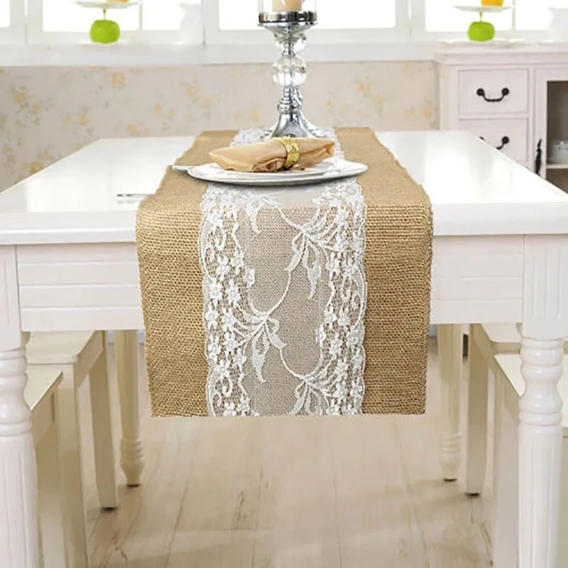 Linen Lace Table Runner, Rectangle Table Flag, Family Gathering, Festival Activity Decor,Retro Classic Style,Yellow Table Runner