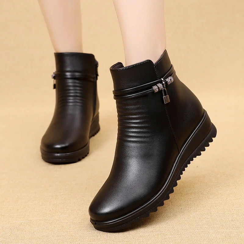 

Womens Winter Boots Fashion PU Leather Woman Warm Non-Slip Ankle Boots Grandma Comfortable Cotton Shoes Women Snow Boots