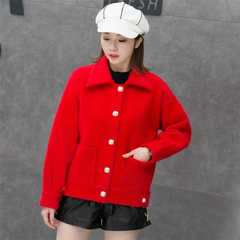 

Korean Winter Thick Faux Mink Cashmere Knitted Sweater Women Short Cardigan Loose Big Pocket Long Sleeve Knit Jacket Coat Female