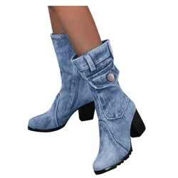 Blau jeans stiefel frauen Mid-rise Rom Feste Slip-Auf Chunky Med Heels Stiefel wilden vintage Große größe Damen schuhe