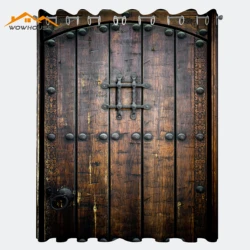 Rustic Window Curtains Wooden Door Historical Vintage Exterior Medieval Structure Print Living Room Decor Bedroom Black Brown