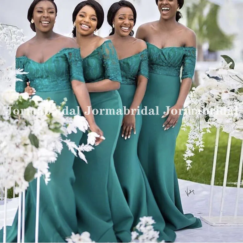 

Off Shoulder Half Sleeves Teal Bridesmaid Dresses V-Neck Satin Mermaid African Women Long Wedding Party Gowns Celebrity Dress