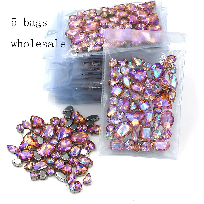 New arrival Wholesale 5 bags mixed shape sew on glass crystal Water red AB  rhinestones silver base for clothing/dress