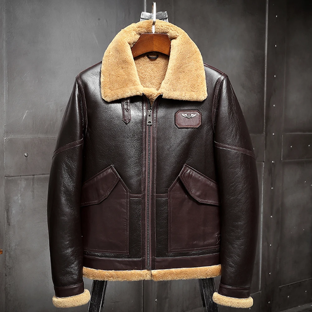 

2019 New Mens Brown B3 Shearling Jacket Sheepskin Coat Leather Jacket Fur Coat Airforce Flight Jacket