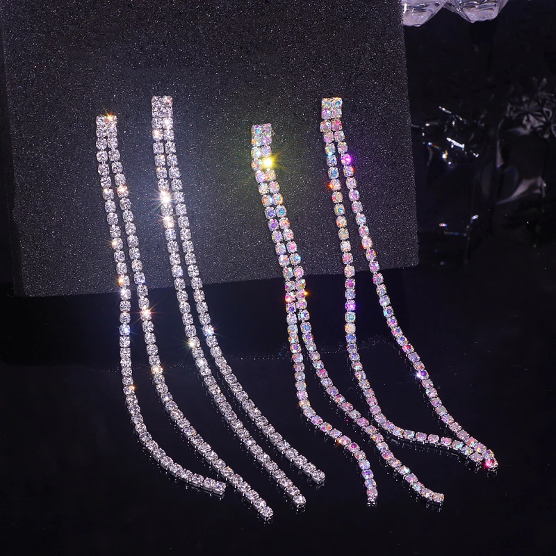 Luxury Long Tassel Full Rhinestone Drop Earrings for Women Bijoux Shiny Crystal Dangle Earring Wedding Party Jewelry Accessories