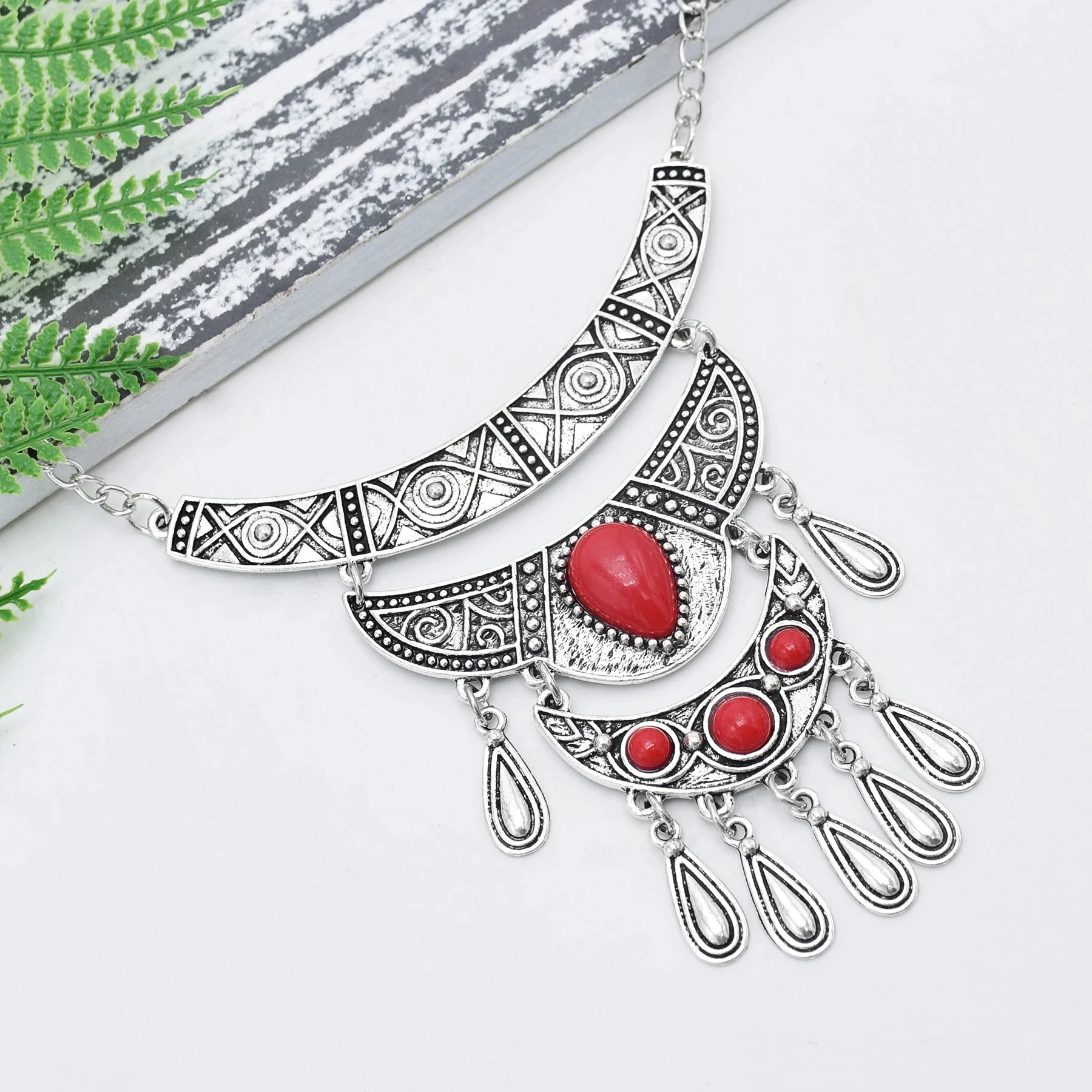 Turkey Vintage Silver Color Alloy Geometric Necklaces for Women Boho Blue Red Blue Stone Necklaces Ethnic Afghan Tribal Jewelry