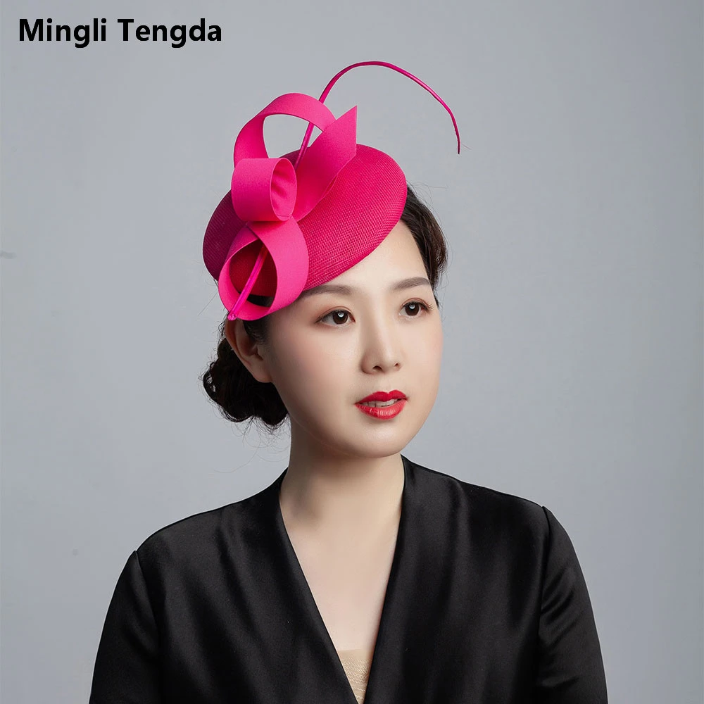 

Mingli Tengda Bride Hemp Rose Red Yarn Hat Feather Wedding Accessories Elegant Lady Hat Headdress Headwear Navy Tiara Birdcage