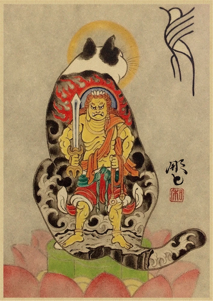Japanische Samurai Katze Tattoo Katze Vintage Poster Wand kunst Aufkleber Malerei Wohnzimmer Dekoration Schlafzimmer Druck Bild