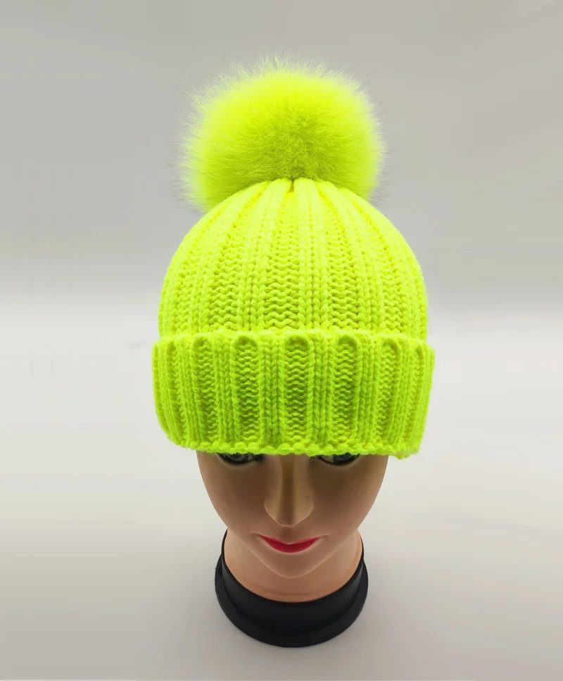 Kid Girl Baby Fluorescein Knitted Beanie Cap Women Man Casual Thick Warm Knitting Skullies Hat Real Fox Fur Pom pom Gorros