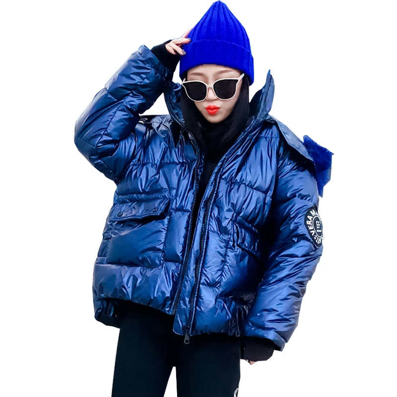 

New Women's Down Cotton Jacket Winter Loose Short Warm Coats Fashion Down Parka Large Faux Fur Collar Glossy Outwear Female