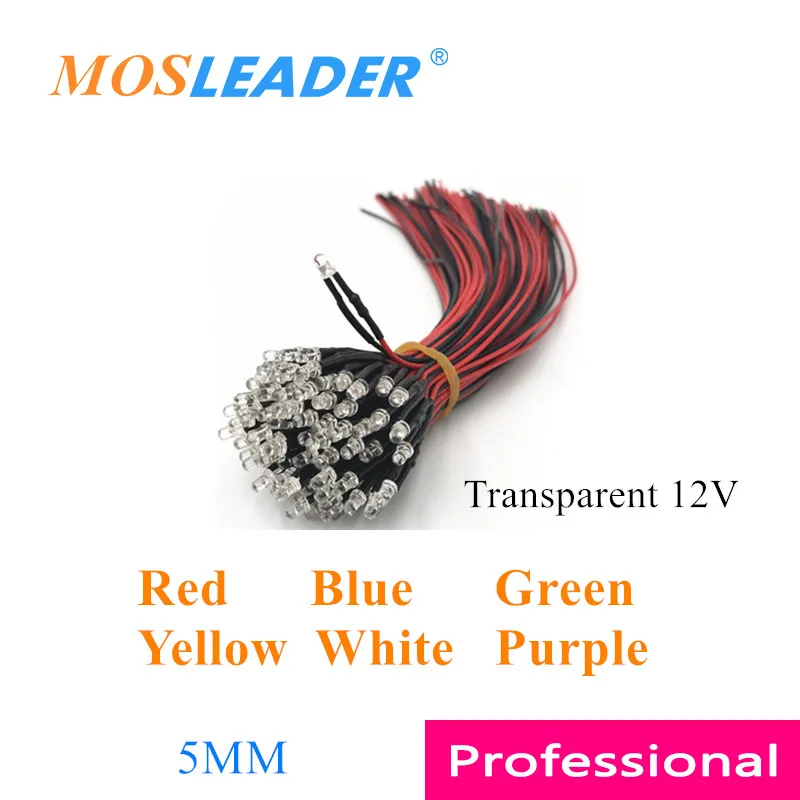 

Mosleader 1000pcs 5MM 12V LED with wire 20CM Red Blue Green Yellow White Purple Transparent Prewired Emitting Diode Light