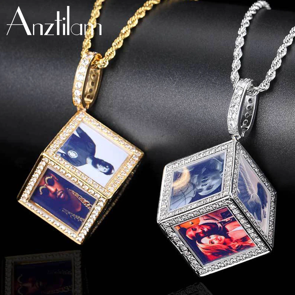 

AZ Iced Out Custom Photo Necklace Paved Zircon Stone Customized 6 Sides Picture Cube Pendant Bling Tennis Chain For Women