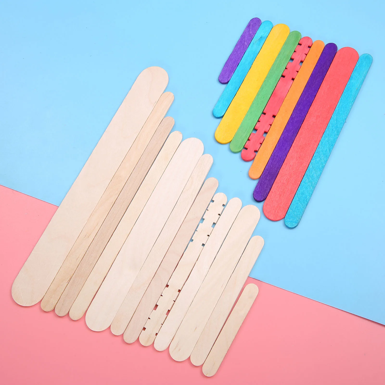 50pcs Wooden Sticks Natural/MultiColor Popsicle Ice Cream sawtooth edge Rods DIY Craft Handmade Educational kids Toys 65mm-140mm