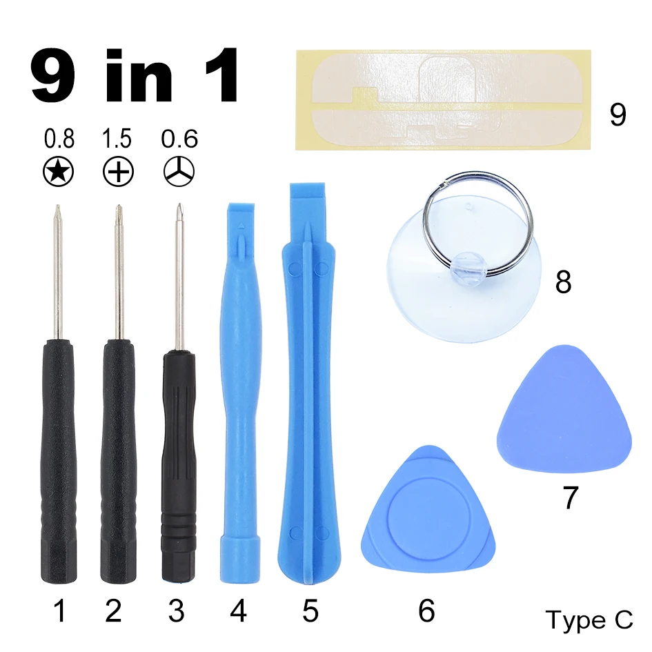 9 in 1 Opening Tools Kit 아이폰 5 5G 수리 500 세트 용 Pentalobe 스크루 드라이버가있는 Pry Tool Set