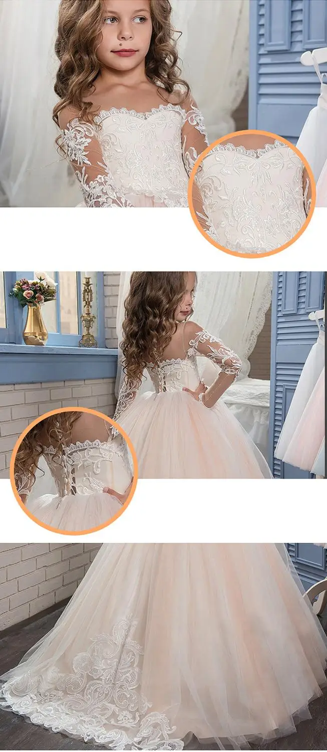 Transparent Lange Ärmeln Heiligen Kommunion Kleider Teen Kostüm kinder Kleidung Party Baby Blume Mädchen Ballkleid Prinzessin Kleid