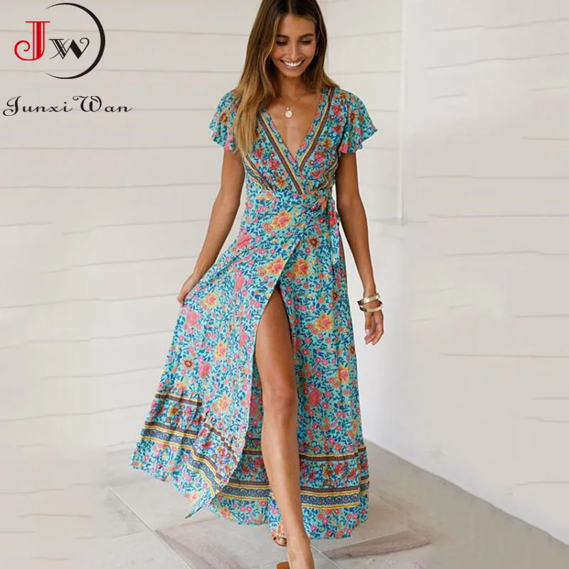 Summer Maxi Dress Women Short Sleeve Casual V Neck Floral Print Boho Beach Long Dress  S~5XL Sexy Split Party Robe