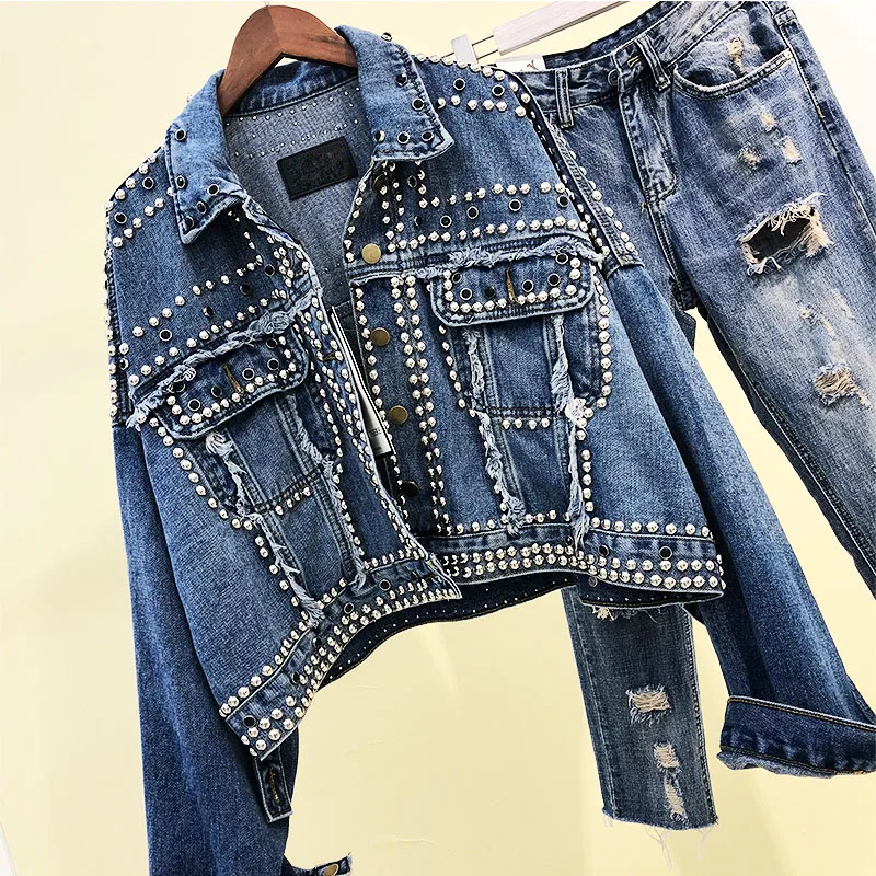 

2019 Autumn Women Harajuku Red Denim Jacket Coat Heavy Hand Beaded Rivet Short Black Jeans Jacket Student Basic Coats Outfit