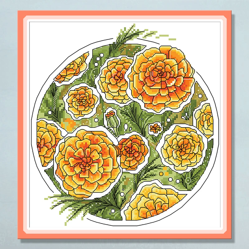 Blooming Calendula Cross Stitch Kits Patterns Canvas Embroidery Needlework Sets 14CT Diy Handmade Crafts Paintings Home Decor