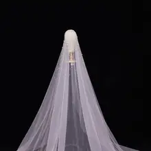 Long Pearl Beaded Wedding Veil with Comb #3