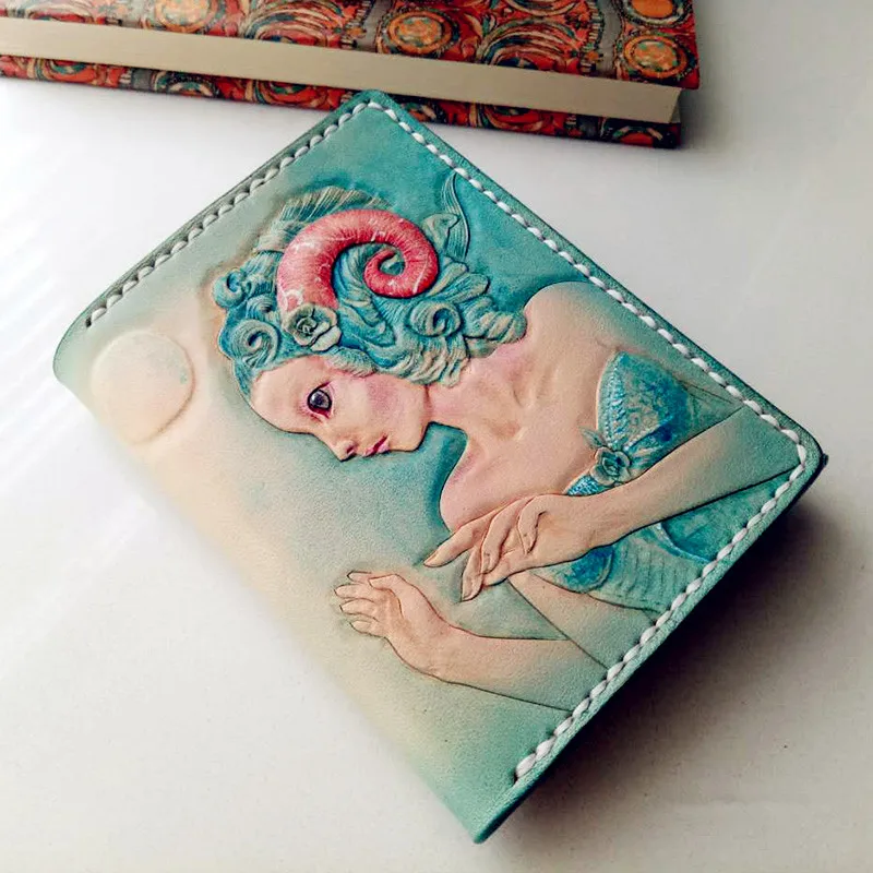 Handmade Womwen Genuine Leather Wallets Carving Fairy Beauty Purses Clutch Vegetable Tanned Leather Girls Wallet Card Holder