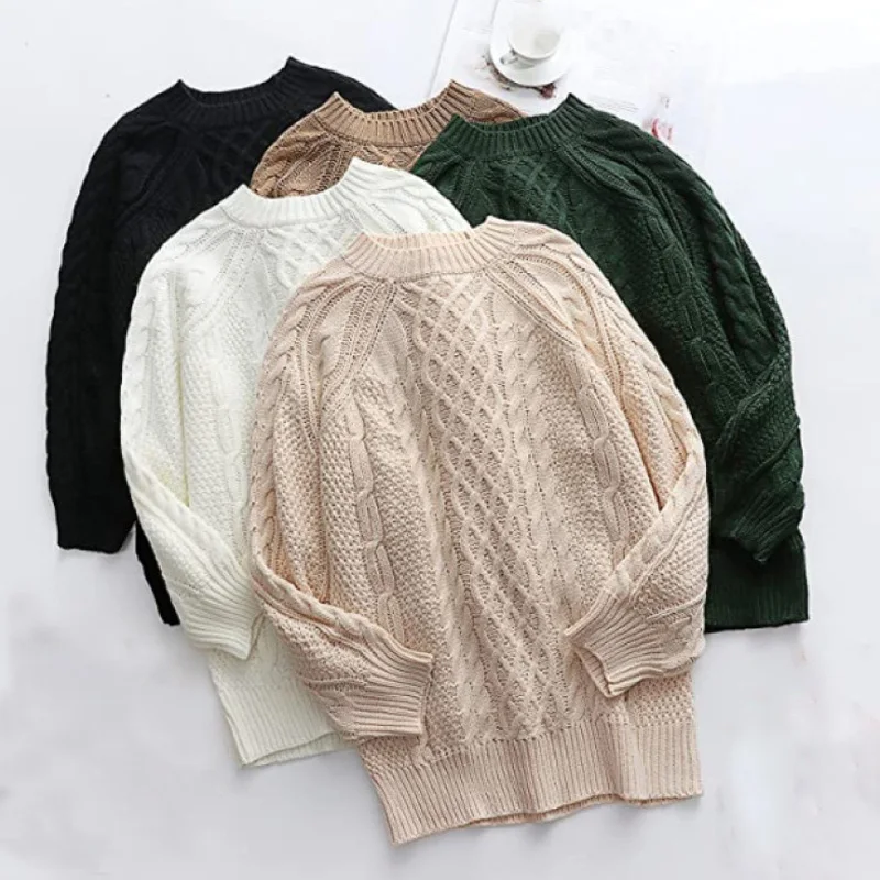 13 Colors Women Crewneck Long Sleeve Oversized Tops Cable Knit Chunky Pullove Thick Autumn and Winter Sweater Dresses