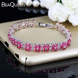 BeaQueen Lovely Women Four Round Rose Red CZ Stone Setting Crystal Flower Fashion Tennis Bracelet for Christmas Gift B068