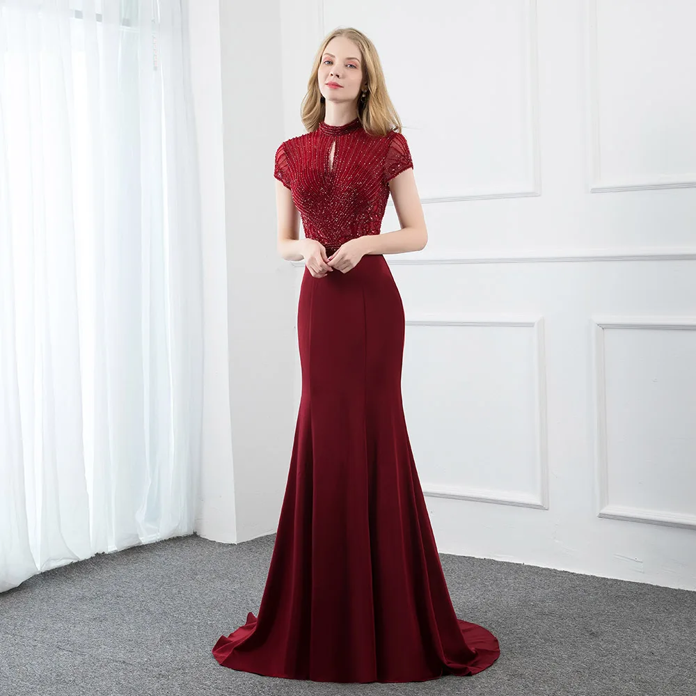 Elegant Burgundy Long Prom Dresses Stones Beaded Cap Sleeve Formal Evening Gown Mermaid High Neck Women Party Dress