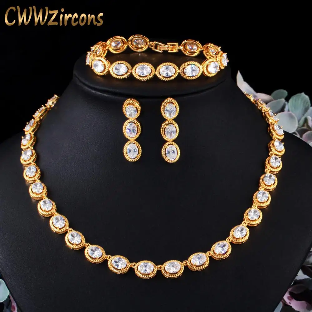 CWWZircons Shiny White CZ Round Choker Wedding Bridal Necklace Earring Bracelet Dubai Gold Color Jewelry Sets for Women T479