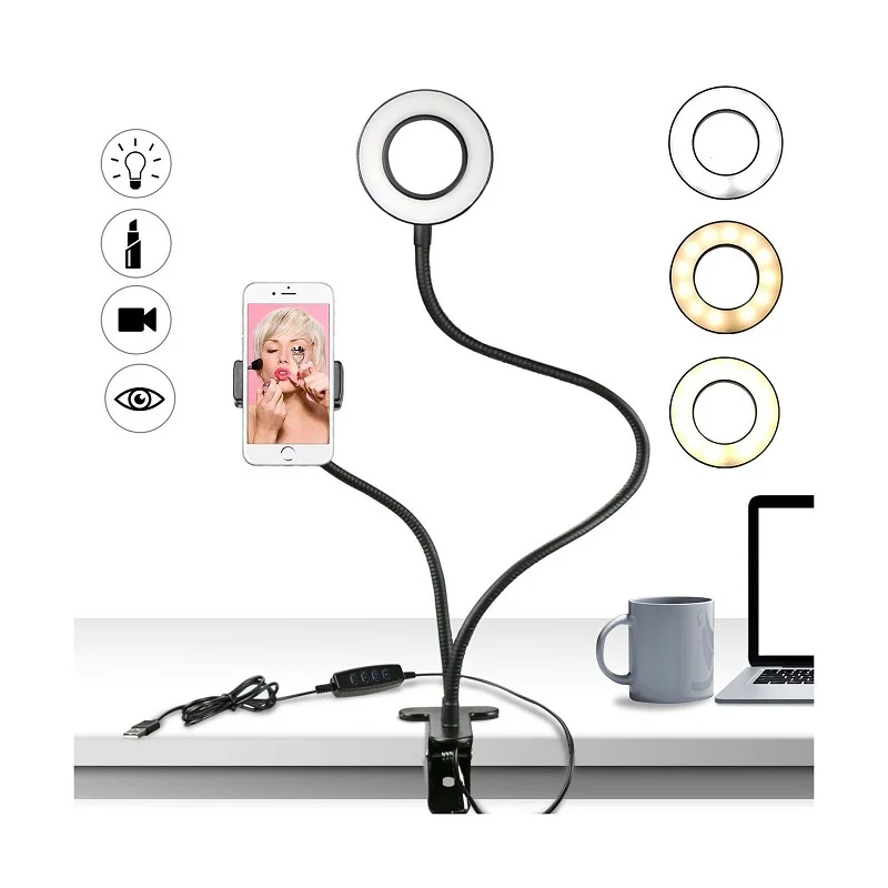 Statyw do telefonu lampa błyskowa do Selfie lampa pierścieniowa + uchwyt do telefonu komórkowego 24 kamera LED 2 w 1 Flexibl długie ramię klips USB