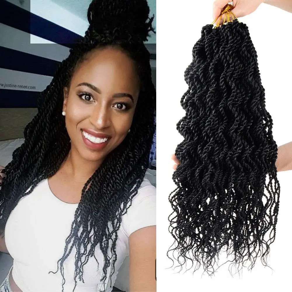 Flyteng Wavy Senegalese Twist Crochetผมสำหรับผู้หญิงสีดำ18นิ้วโครเชต์BraidเซเนกัลTwists Braiding Synthetic Exten