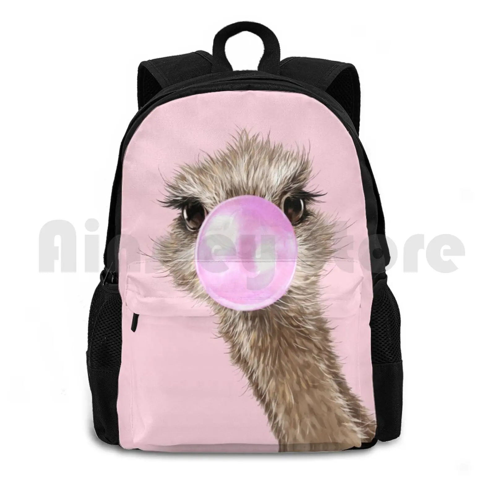 Sneaky avestruz con goma de mascar en rosa, mochila de senderismo al aire libre, impermeable, Camping, viaje, animales, pájaro, lindo, Adorable