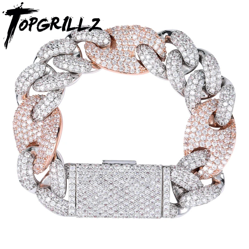 TOPGRILLZ Miami Lock Clasp Cuban Link 7 8 9 Inch Gold Silver Plated Bracelet Iced Out Cubic Zircon Bling Hip hop for Men Jewelry