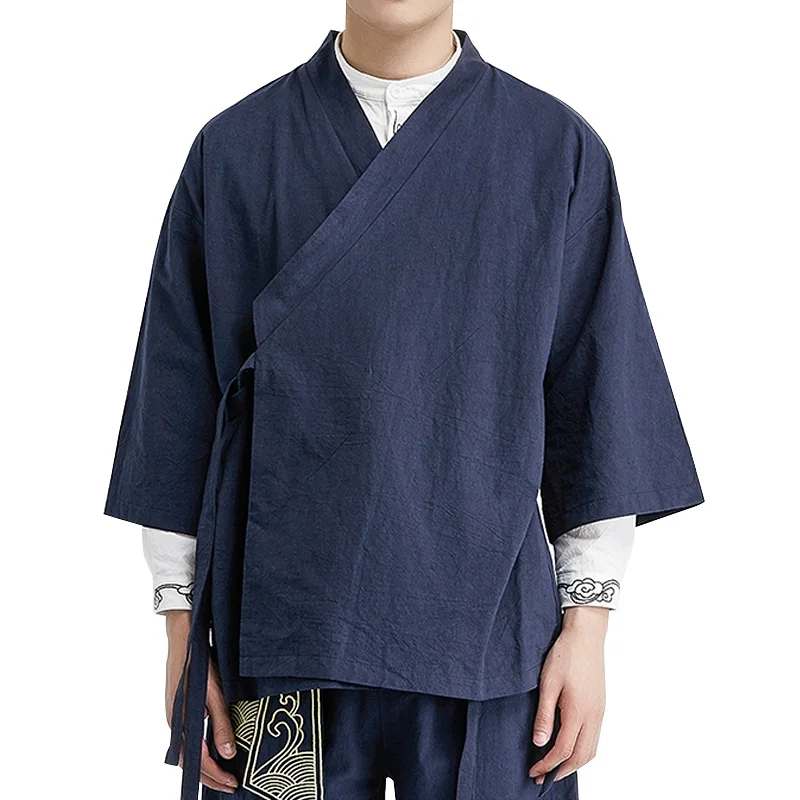 2020 Summer Chinese Style Linen Jacket Hanfu Men Costume Suit Loose Large Size Cotton Linen Retro Style Tang Suit Robe Male