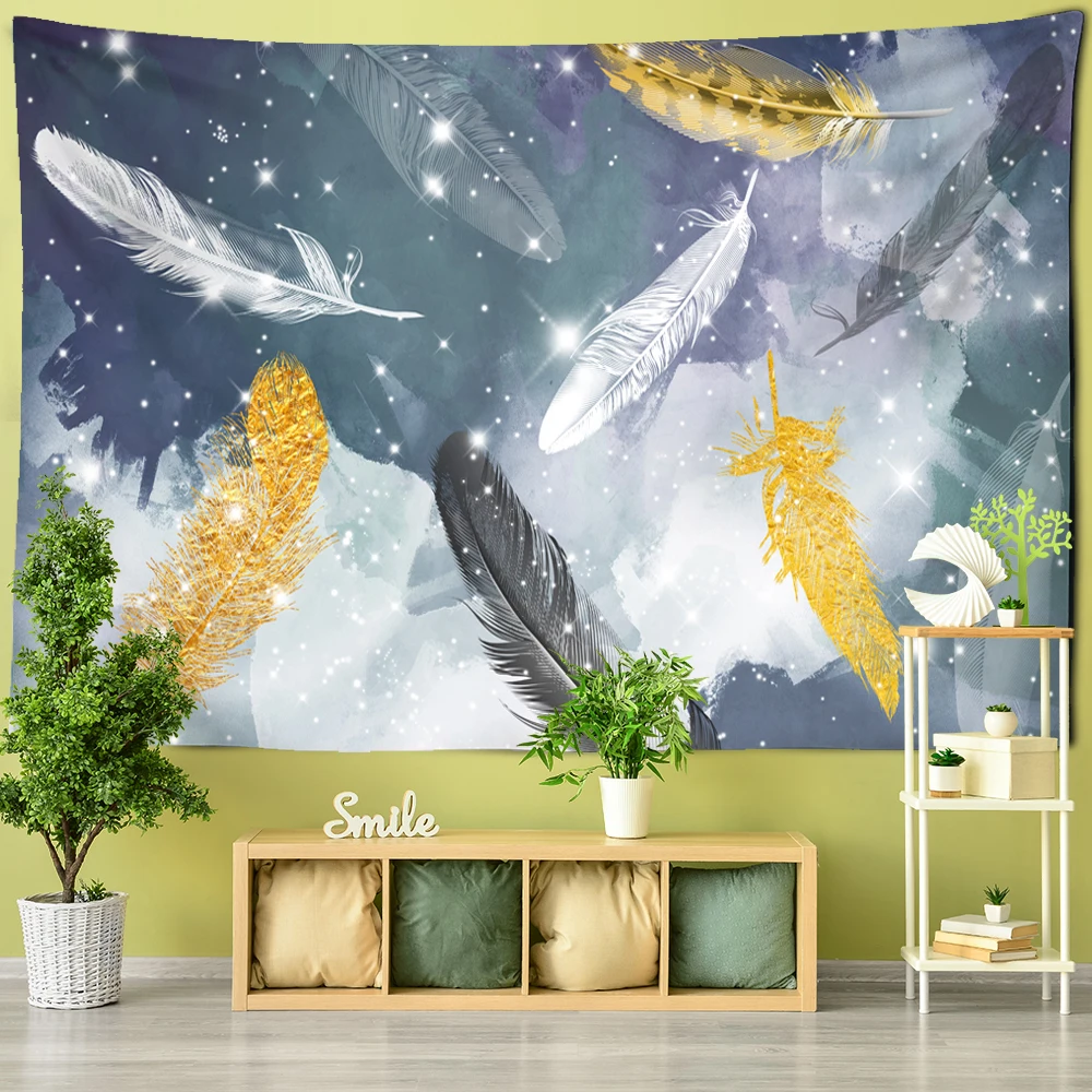 White,Gold,Gray Feather Tapestry Modern Bedroom Decorative Wall Hanging Colorful Feathers Art Carpet Boho Decor Mandala Tapestry
