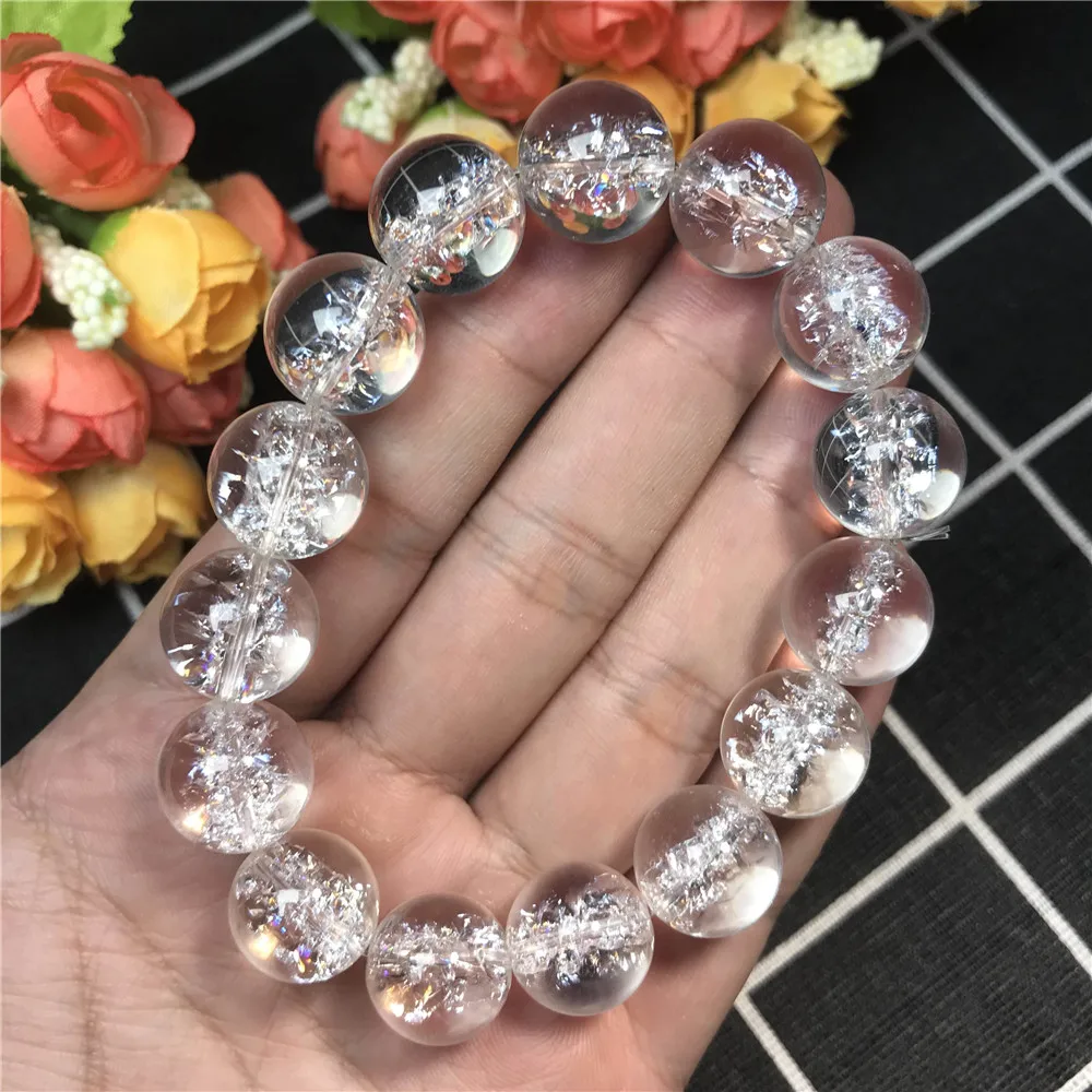 14mm Natural Himalaya Rock Crystal Bracelet Jewelry For Women Lady Men Crystal Powerful Snow Round Beads Rare Gemstone AAAAA