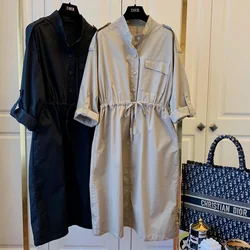 2021 Autumn New Women Dresses Casual Cotton Drawstring Waist Loose Dress With Pocket Spring Stand Colar Clothes Boy Friend Style