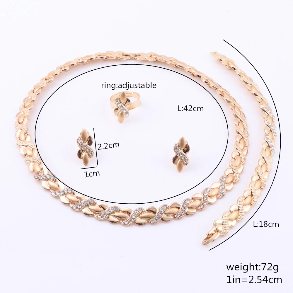 New Design Ladies Gold Color Crystal Necklace Ring Earring Bracelet Wedding Travel Party Gift Jewelry Set