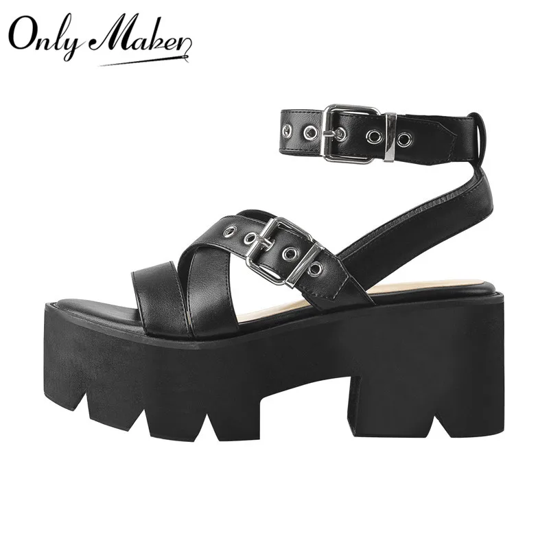 Onlymaker Women Platform Black Matte Top Quality Flat  Ankle Strap Multiple Buckle  Sandals For Summer