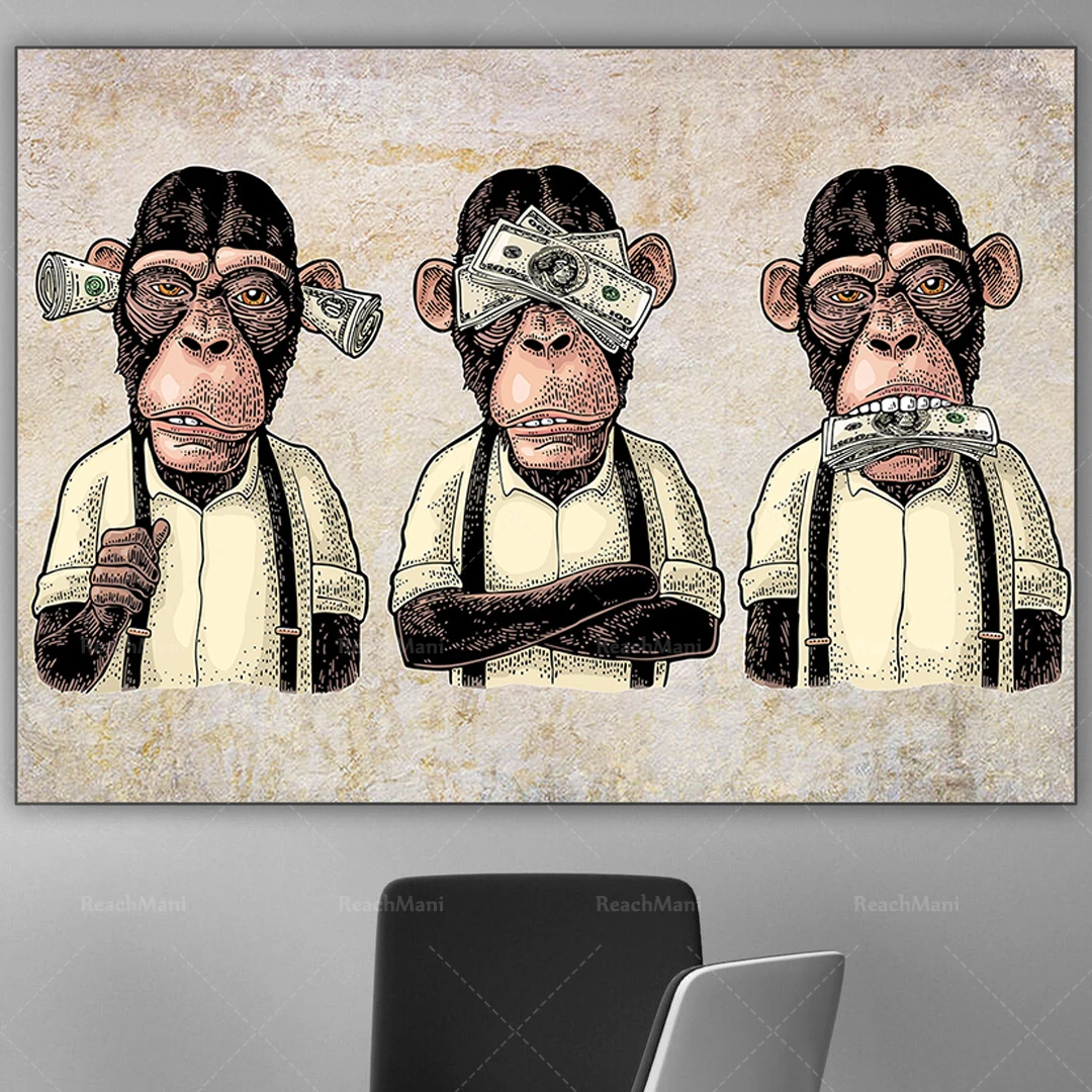 

Three wise monkey wall art, can't hear or talk about evil canvas, 3 panel funny monkey street art, graffiti poster