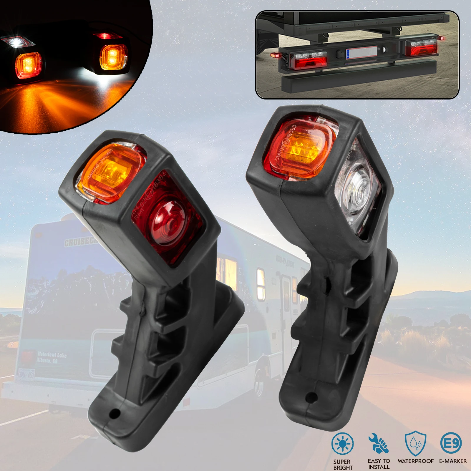 2X Trailer Truck Carvan Van Auto RV Side Marker Light Indicator Rear Clearance Bulb Stalk Position Lamp 3 Face Red Amber White