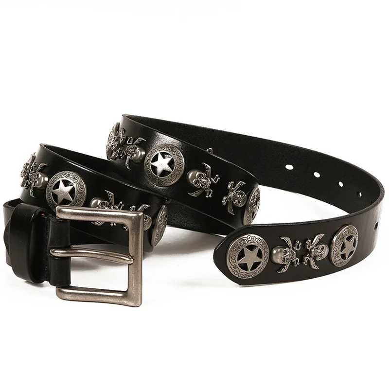 (Ta-weo) Original Fashion Unisex Rivet Genuine Leather Belt, Men hip hop punk Belts, Women Leather Belts.