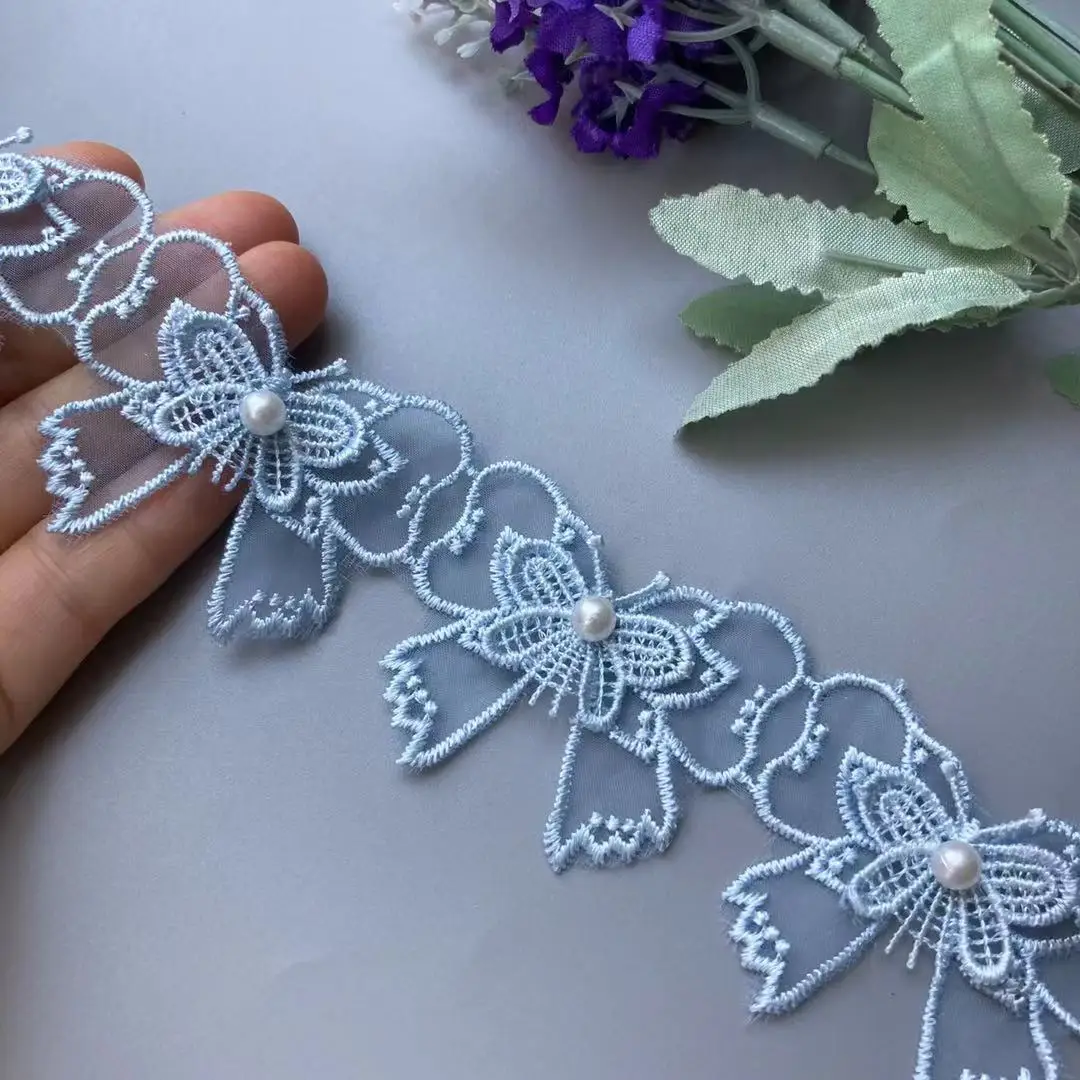 2 yards 5 X 4CM Blue Double Layer Butterfly Lace Trim Ribbon Embroidered Fabric Polyester Pearl Flower DIY Sewing For Hat Craft