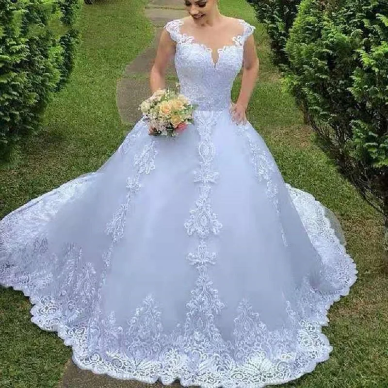 Robe de mariée dos nu brodée princesse, robes de mariée en dentelle de luxe, robes de cou élégantes, 2021